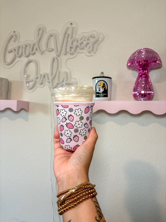 Flower and Strawberry Coffee Cozies